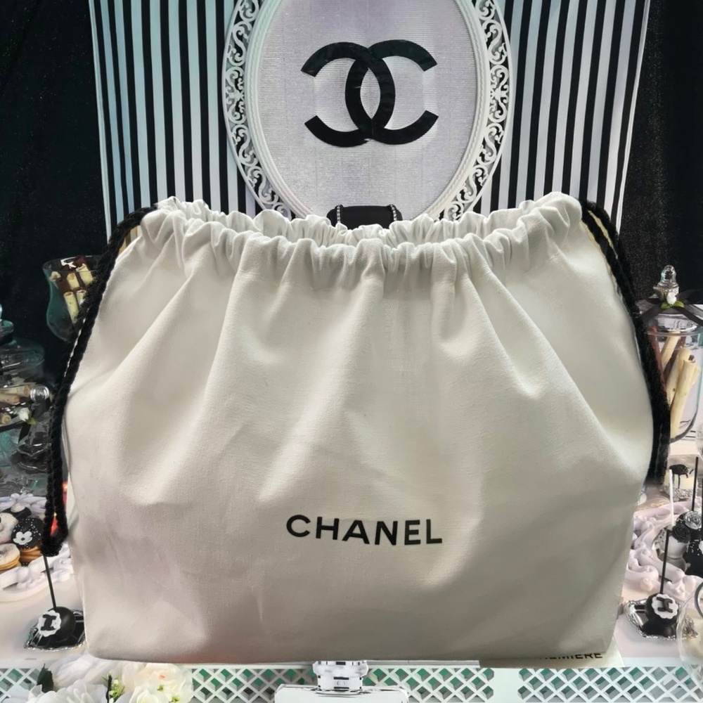CHANEL white cotton canvas drawstring pouch cosmetic bag storage bag - Authentic
